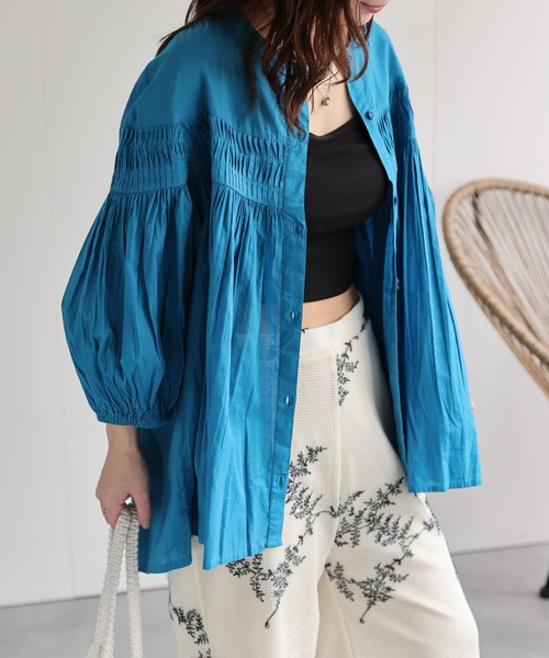 コットンハウスアヤ☆総ピンタックフレアワイドPOブラウス☆藍☆手洗い可☆美品です コットンハウスアヤ☆総ピンタックフレアワイドPOブラウス☆藍