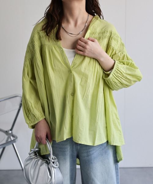 コットンハウスアヤ☆総ピンタックフレアワイドPOブラウス☆藍☆手洗い可☆美品です セール】ピンタックフレアブラウス/チュニック（インド綿.インド