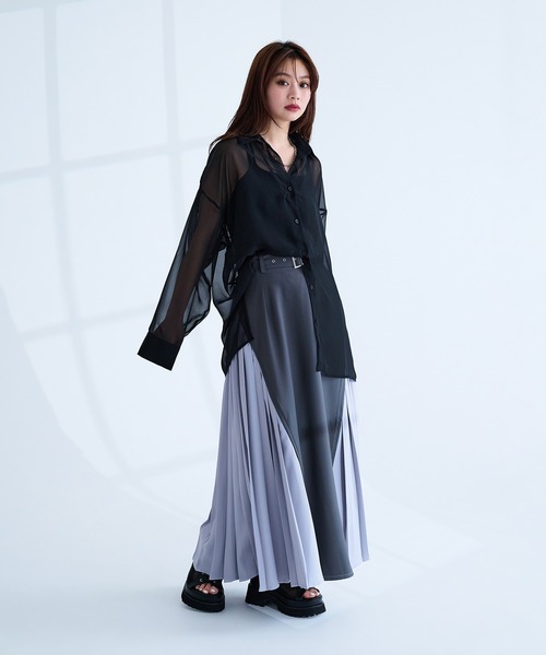 Ellno de Mavie(エルノデメヴィ)の「サイドプリーツフレアスカート/ハトメベルト付き(スカート・レディース・ブラック/グレー・FREE)」の6枚目の写真