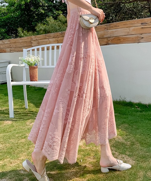 アメリカ購入 ピンクと藤色フローラル刺繍お膝下丈フレアスカート セットアップ セール】クラシカル美人♪刺繍レースフレアスカート（スカート）｜2ly2