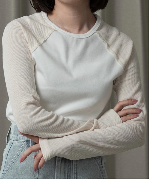 lawgy（ラウジー）の「rib knit docking raglan sleeve T / リブニットドッキングラグランスリーブT（Tシャツ/カットソー・レディース・アイボリー/グリーン系その他/ライトグレー・FREE）」の2枚目の写真