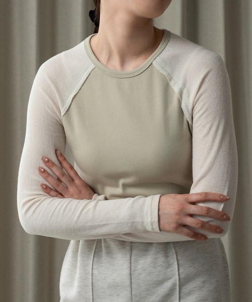 lawgy（ラウジー）の「rib knit docking raglan sleeve T / リブニットドッキングラグランスリーブT（Tシャツ/カットソー・レディース・アイボリー/グリーン系その他/ライトグレー・FREE）」の5枚目の写真