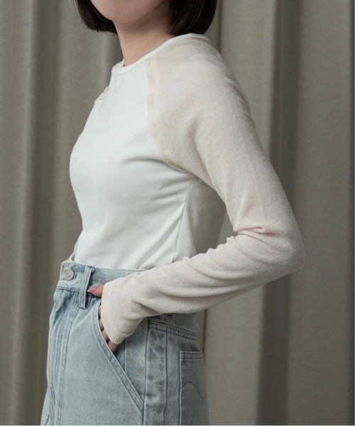 lawgy（ラウジー）の「rib knit docking raglan sleeve T / リブニットドッキングラグランスリーブT（Tシャツ/カットソー・レディース・アイボリー/グリーン系その他/ライトグレー・FREE）」の8枚目の写真