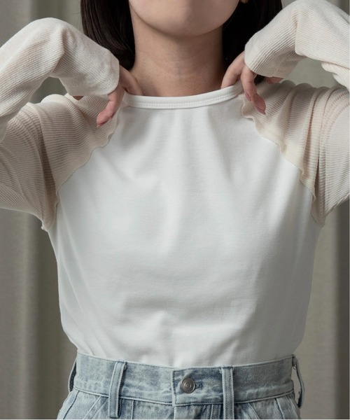 lawgy（ラウジー）の「rib knit docking raglan sleeve T / リブニットドッキングラグランスリーブT（Tシャツ/カットソー・レディース・アイボリー/グリーン系その他/ライトグレー・FREE）」の7枚目の写真