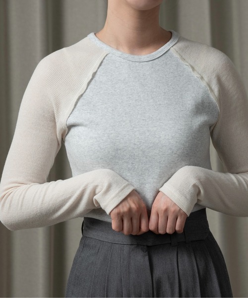 lawgy（ラウジー）の「rib knit docking raglan sleeve T / リブニットドッキングラグランスリーブT（Tシャツ/カットソー・レディース・アイボリー/グリーン系その他/ライトグレー・FREE）」の9枚目の写真