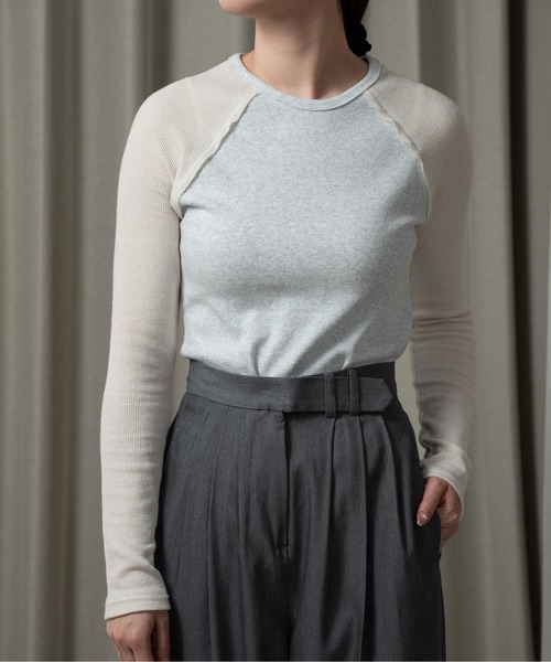 lawgy（ラウジー）の「rib knit docking raglan sleeve T / リブニットドッキングラグランスリーブT（Tシャツ/カットソー・レディース・アイボリー/グリーン系その他/ライトグレー・FREE）」の10枚目の写真
