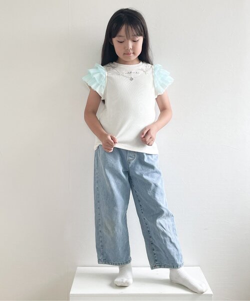 apres les cours（アプレレクール）の「【接触冷感/ジュニア対応】ネックレス風チュールスリーブTシャツ（Tシャツ/カットソー・キッズ・アイボリー/ピンク/ラベンダー・80/90/100/110/120/130/140）」の4枚目の写真