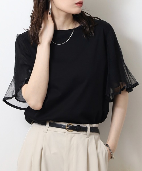 EGLANTINE(エグランティーヌ)の「EGLANTINE 袖チュールレイヤード半袖カットソー(Tシャツ/カットソー・レディース・ブラック/オフホワイト/グレイッシュベージュ・40)」の2枚目の写真