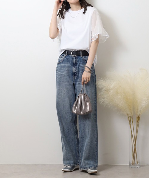 tシャツ EGLANTINE 袖チュールレイヤード半袖カットソー レディース セール】EGLANTINE 袖チュールレイヤード半袖カットソー（T