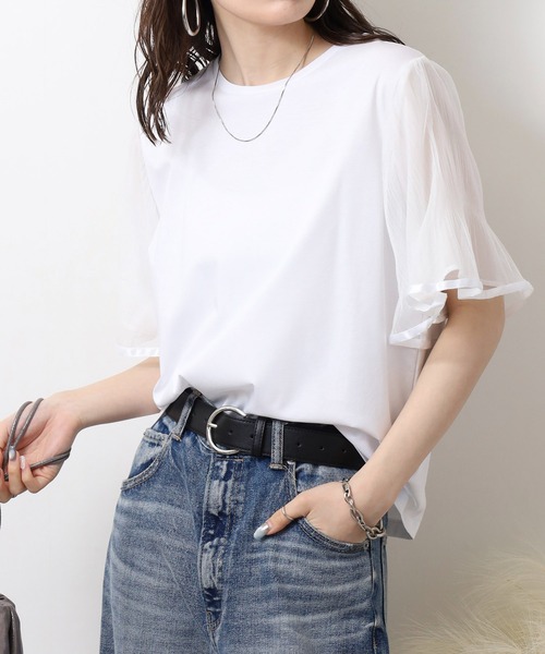 EGLANTINE(エグランティーヌ)の「EGLANTINE 袖チュールレイヤード半袖カットソー(Tシャツ/カットソー・レディース・ブラック/オフホワイト/グレイッシュベージュ・40)」の21枚目の写真