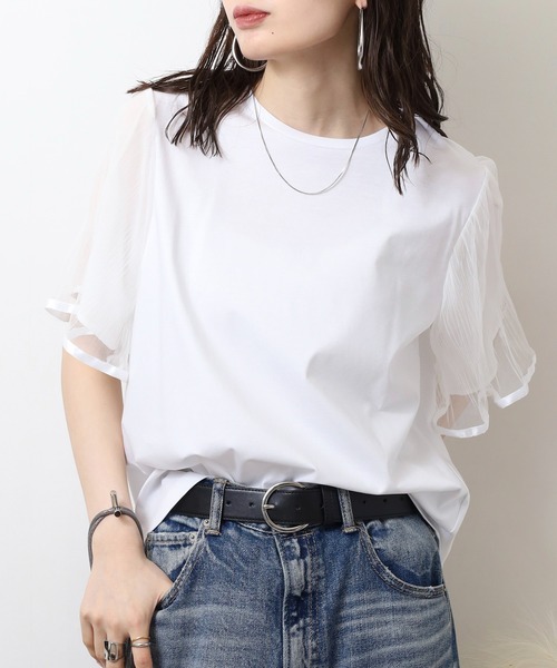 EGLANTINE(エグランティーヌ)の「EGLANTINE 袖チュールレイヤード半袖カットソー(Tシャツ/カットソー・レディース・ブラック/オフホワイト/グレイッシュベージュ・40)」の16枚目の写真
