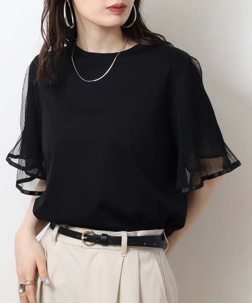 EGLANTINE(エグランティーヌ)の「EGLANTINE 袖チュールレイヤード半袖カットソー(Tシャツ/カットソー・レディース・ブラック/オフホワイト/グレイッシュベージュ・40)」の19枚目の写真