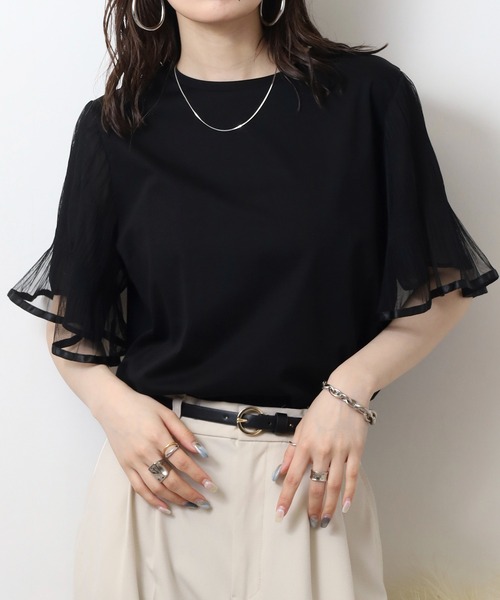 EGLANTINE(エグランティーヌ)の「EGLANTINE 袖チュールレイヤード半袖カットソー(Tシャツ/カットソー・レディース・ブラック/オフホワイト/グレイッシュベージュ・40)」の20枚目の写真
