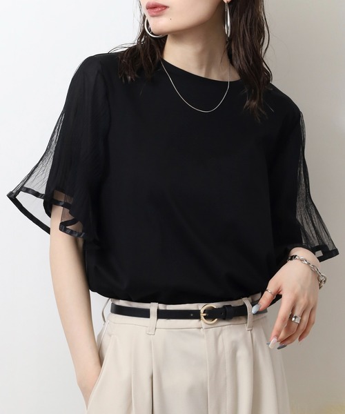 tシャツ EGLANTINE 袖チュールレイヤード半袖カットソー レディース セール】EGLANTINE 袖チュールレイヤード半袖カットソー（T