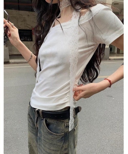 セール】【春夏新作】レースストール付きサイドギャザーTシャツ