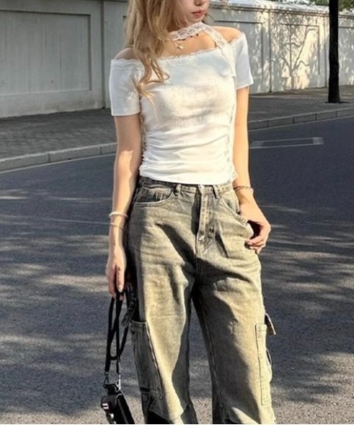 LADY LIKE(レディライク)の「レースストール付きサイドギャザーTシャツ(Tシャツ/カットソー・レディース・ホワイト/グレー・M)」の10枚目の写真