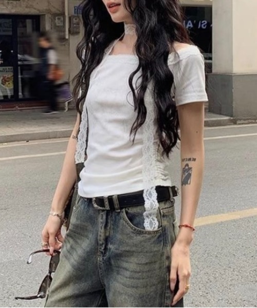 LADY LIKE(レディライク)の「レースストール付きサイドギャザーTシャツ(Tシャツ/カットソー・レディース・ホワイト/グレー・M)」の15枚目の写真