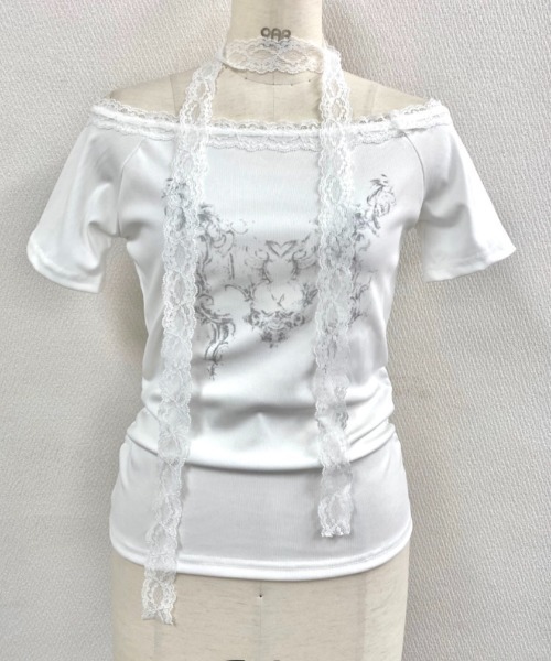 セール】【春夏新作】レースストール付きサイドギャザーTシャツ