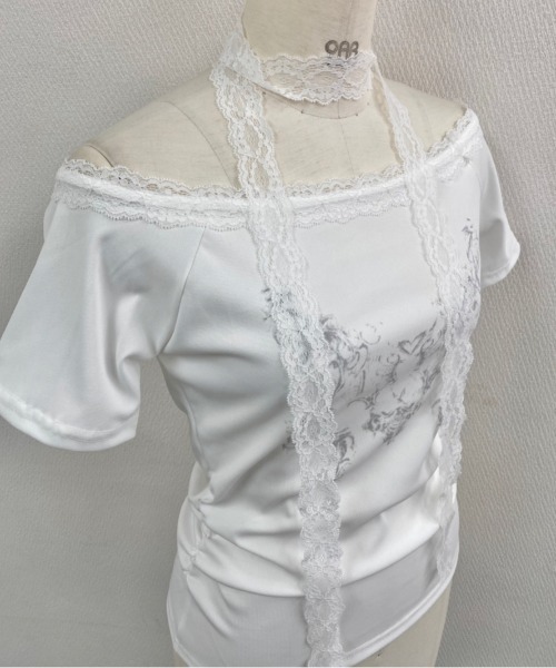 セール】【春夏新作】レースストール付きサイドギャザーTシャツ
