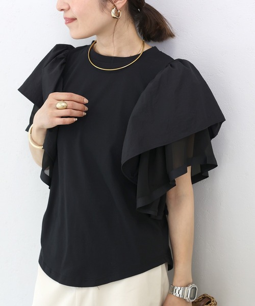 Aletta vita(アレッタビータ)の「T/C天竺xナイロン袖フリルプルオーバー(Tシャツ/カットソー・レディース・オフホワイト/ブラック・M)」の1枚目の写真