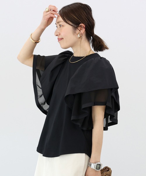 Aletta vita(アレッタビータ)の「T/C天竺xナイロン袖フリルプルオーバー(Tシャツ/カットソー・レディース・オフホワイト/ブラック・M)」の8枚目の写真