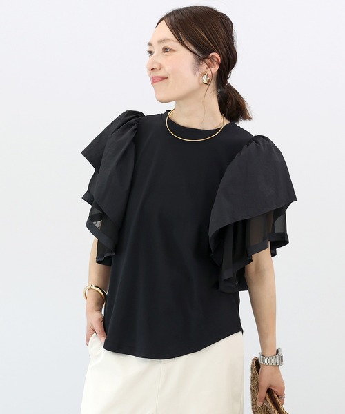Aletta vita(アレッタビータ)の「T/C天竺xナイロン袖フリルプルオーバー(Tシャツ/カットソー・レディース・オフホワイト/ブラック・M)」の7枚目の写真
