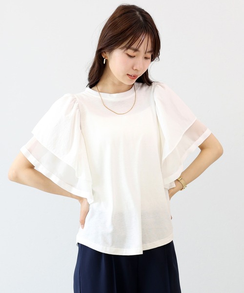 tシャツ T/C天竺ｘナイロン袖フリルプルオーバー レディース T/C天竺xナイロン袖フリルプルオーバー（Tシャツ/カットソー