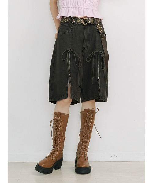 セール】ジップスリットデニムハーフパンツ【セットアップ対応