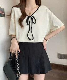 MONO8（モノハチ）の「バイカラーリボンVネックTシャツ（Tシャツ/カットソー）」
