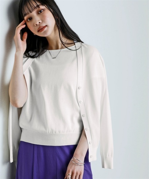 nissen（ニッセン）の「【アイスクリーンプレミアム】Vネックニットカーディガン（持続冷感・接触冷感・毛玉になりにくい・UVカット・洗濯機で洗える・遮熱）＜大きいサイズ有＞（カーディガン/ボレロ・レディース・杢グレー/モカ/ブラック/ブルー/オフホワイト・LL/S/M/L/3L）」の2枚目の写真