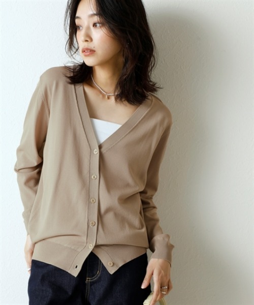 nissen（ニッセン）の「【アイスクリーンプレミアム】Vネックニットカーディガン（持続冷感・接触冷感・毛玉になりにくい・UVカット・洗濯機で洗える・遮熱）＜大きいサイズ有＞（カーディガン/ボレロ・レディース・杢グレー/モカ/ブラック/ブルー/オフホワイト・LL/S/M/L/3L）」の4枚目の写真