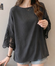 SallyLunn（サリーラン）の「大人きれいめカジュアル♪袖レースゆるシルエットブラウス【レディース/春夏/オーバーサイズ/半袖/七分袖】（シャツ/ブラウス）」