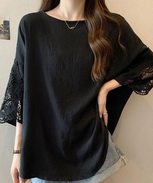 SallyLunn(サリーラン)の「大人きれいめカジュアル♪袖レースゆるシルエットブラウス【レディース/春夏/オーバーサイズ/半袖/七分袖】(シャツ/ブラウス・レディース・ブラック/ホワイト/ダークグレー・LARGE/MEDIUM)」の1枚目の写真