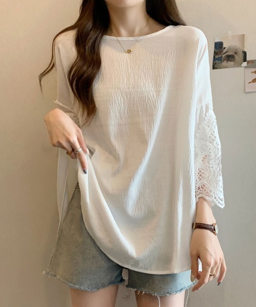 SallyLunn(サリーラン)の「大人きれいめカジュアル♪袖レースゆるシルエットブラウス【レディース/春夏/オーバーサイズ/半袖/七分袖】(シャツ/ブラウス・レディース・ブラック/ホワイト/ダークグレー・LARGE/MEDIUM)」の11枚目の写真