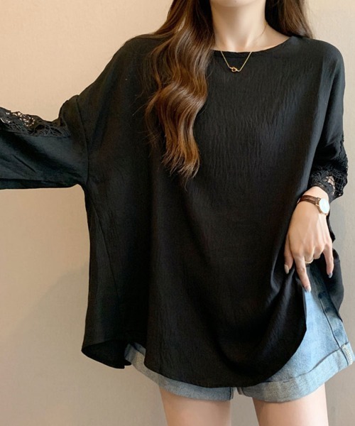 SallyLunn(サリーラン)の「大人きれいめカジュアル♪袖レースゆるシルエットブラウス【レディース/春夏/オーバーサイズ/半袖/七分袖】(シャツ/ブラウス・レディース・ブラック/ホワイト/ダークグレー・LARGE/MEDIUM)」の8枚目の写真