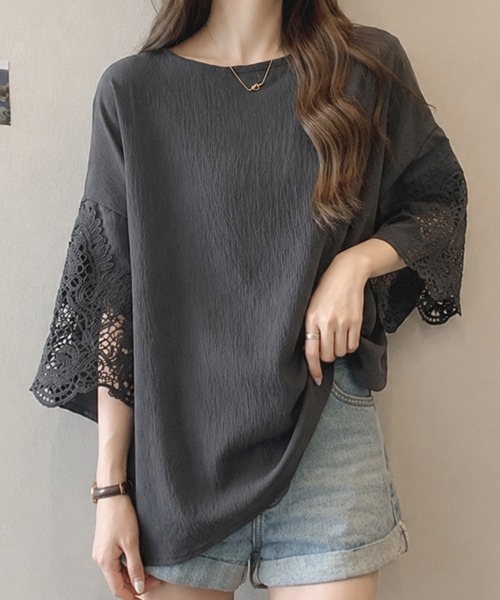 SallyLunn(サリーラン)の「大人きれいめカジュアル♪袖レースゆるシルエットブラウス【レディース/春夏/オーバーサイズ/半袖/七分袖】(シャツ/ブラウス・レディース・ブラック/ホワイト/ダークグレー・LARGE/MEDIUM)」の12枚目の写真
