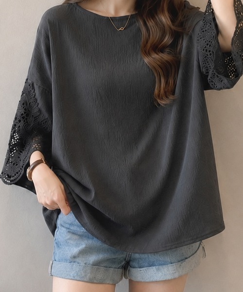 SallyLunn(サリーラン)の「大人きれいめカジュアル♪袖レースゆるシルエットブラウス【レディース/春夏/オーバーサイズ/半袖/七分袖】(シャツ/ブラウス・レディース・ブラック/ホワイト/ダークグレー・LARGE/MEDIUM)」の14枚目の写真