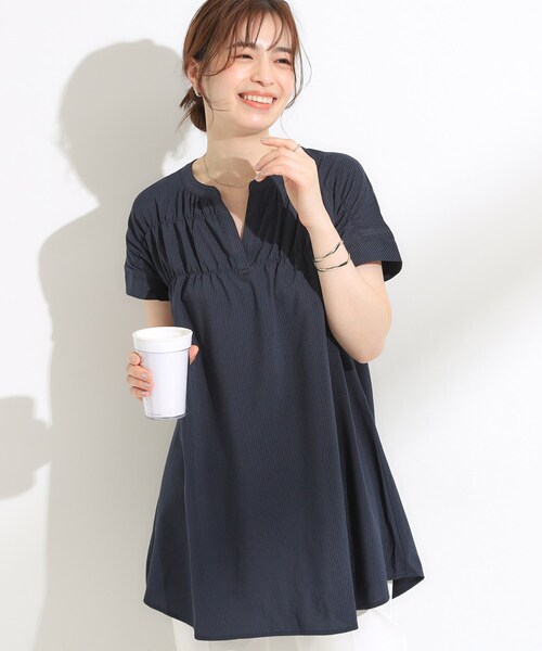 SHOO・LA・RUE(シューラルー)の「【S-LL/ひんやり/体型カバー】サッカーストライプ Aラインチュニックブラウス(チュニック・レディース・ブルー系その他4/ネイビー系2/グリーン系3/ピンク系その他・01/02/03/04)」の3枚目の写真