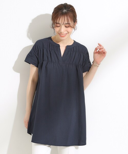 SHOO・LA・RUE(シューラルー)の「【S-LL/ひんやり/体型カバー】サッカーストライプ Aラインチュニックブラウス(チュニック・レディース・ブルー系その他4/ネイビー系2/グリーン系3/ピンク系その他・01/02/03/04)」の5枚目の写真