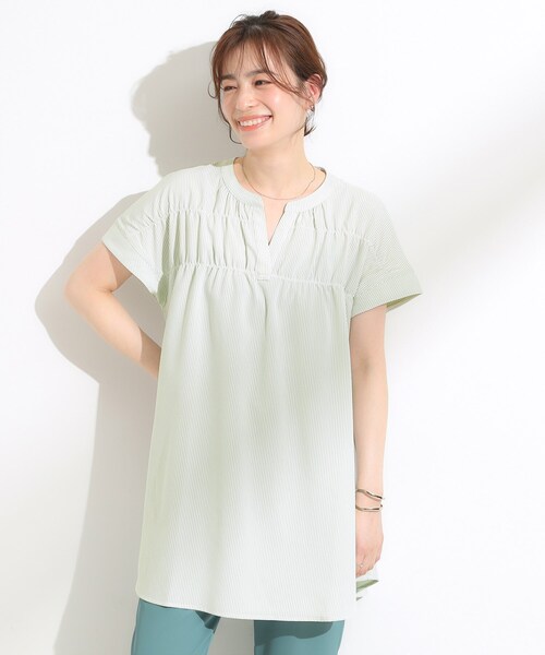 SHOO・LA・RUE(シューラルー)の「【S-LL/ひんやり/体型カバー】サッカーストライプ Aラインチュニックブラウス(チュニック・レディース・ブルー系その他4/ネイビー系2/グリーン系3/ピンク系その他・01/02/03/04)」の17枚目の写真