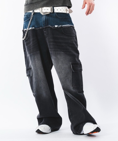 SHORT ROUND(ショートラウンド)の「SHORT ROUND/ダブルウエストカーゴデニムパンツ(デニムパンツ・メンズ・ブラック系3・LARGE/MEDIUM)」の1枚目の写真