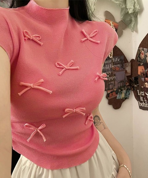THE HITSS(ヒッツ)の「ランダム リボン サイドシャーリング リブニット ノースリーブ トップス 短丈(Tシャツ/カットソー・レディース・レッド/ピンク/グリーン/ブラック/アイボリー・FREE)」の5枚目の写真