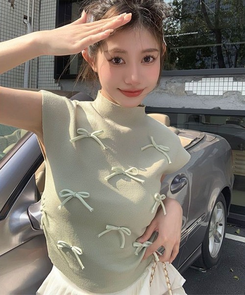 THE HITSS(ヒッツ)の「ランダム リボン サイドシャーリング リブニット ノースリーブ トップス 短丈(Tシャツ/カットソー・レディース・レッド/ピンク/グリーン/ブラック/アイボリー・FREE)」の12枚目の写真