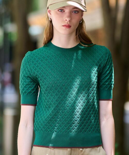 DRESSTERIOR（ドレステリア）の「【6色展開/オンオフ】レース編みハーフスリーブニット（ニット/セーター・レディース・イエロー系その他/ブラック/ブラウン系その他/モスグリーン/オレンジ/オフホワイト・38/36/34）」の4枚目の写真