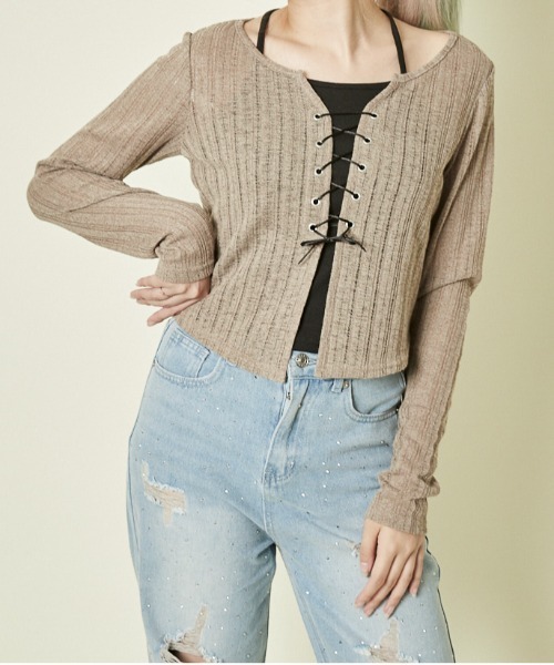 セール】《透け感リブ×レースアップ》華奢見えトップス（Tシャツ