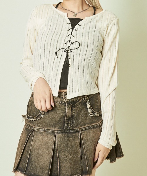 セール】《透け感リブ×レースアップ》華奢見えトップス（Tシャツ