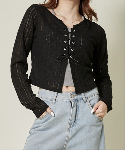 トップス ;-; セール】《透け感リブ×レースアップ》華奢見えトップス（Tシャツ