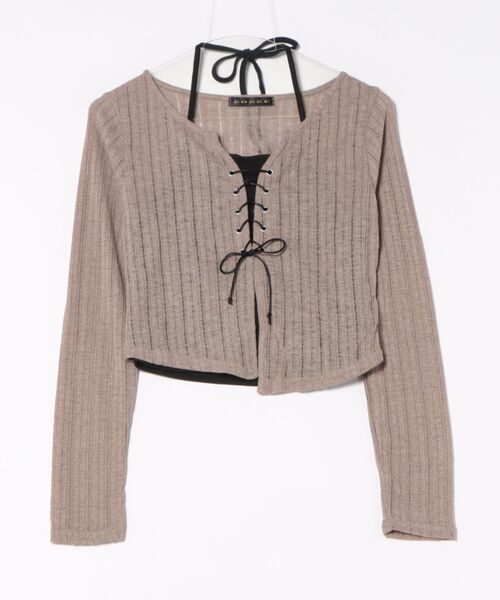 トップス ;-; セール】《透け感リブ×レースアップ》華奢見えトップス（Tシャツ