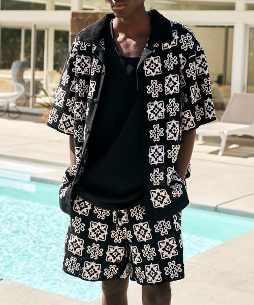 セール】【MLVINCE】CROCHET S/S SHIRTS / ブラック [CSS28BK]（シャツ