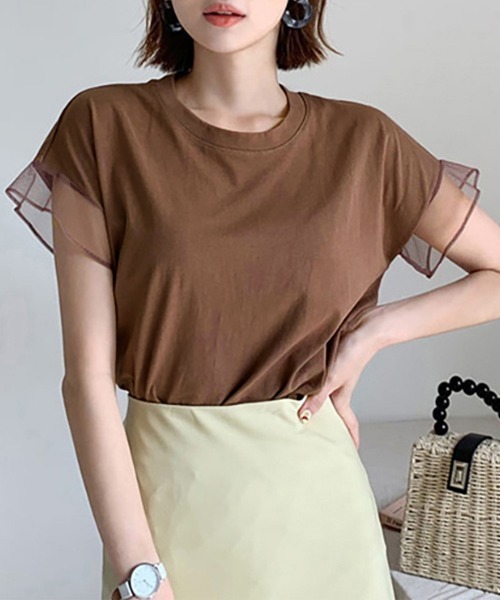 Miniministore(ミニミニストア)の「袖シアーTシャツチュール切替えカットソー(Tシャツ/カットソー・レディース・ピンク/ホワイト/ブラウン/ダークグレー/ロイヤルブルー/ブラック・FREE)」の4枚目の写真